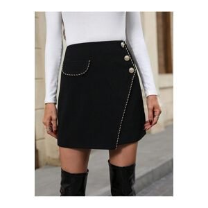 Laluvia Black Piping Gold Button Detailed Mini Skirt