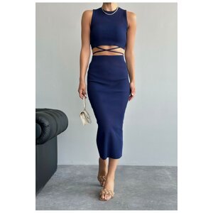 Laluvia Navy Blue Crop Tie Detailed Blouse and Midi Skirt Set