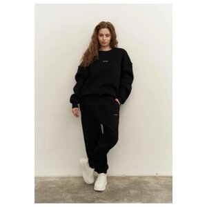 Laluvia Black Embossed Letter Printed Crew Neck Tracksuit Set