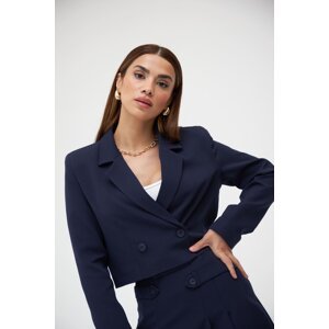 Laluvia Navy Blue Double Breasted Crop Jacket