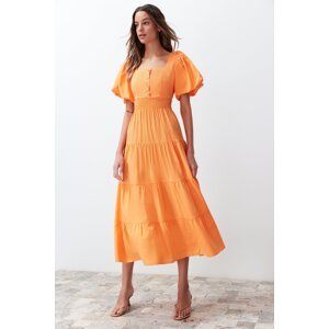 Trendyol Orange Waist Opening Gipe and Back Detailed Square Collar Maxi Woven Dress