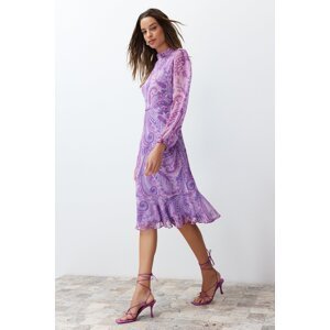 Trendyol lila šálový vzorovaný podšitý volánkový šifonový midi tkaný šaty