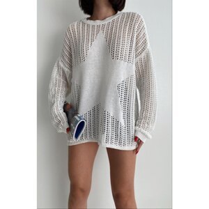 Laluvia Ecru Crew Neck Star Pattern Mercerized Knitwear Sweater
