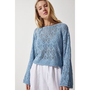 Happiness İstanbul Women's Sky Blue Boat Neck Openwork Seasonal Crop Knitwear Sweater