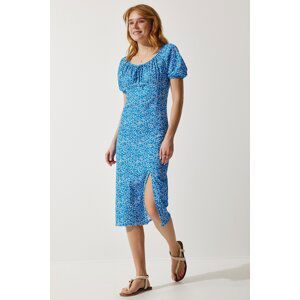 Happiness İstanbul Women's Blue Patterned Gathered Knitted Dress