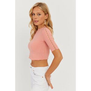 Cool & Sexy Women's Powder Sleeve Pearls Crop Blouse