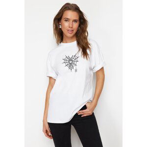 Trendyol White Premium 100% Cotton Spider Web Printed Oversize/Wide Fit Knitted T-Shirt