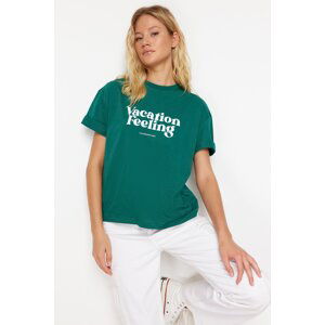 Trendyol Emerald Green Printed Premium 100% Cotton Relaxed/Comfortable Fit Knitted T-Shirt