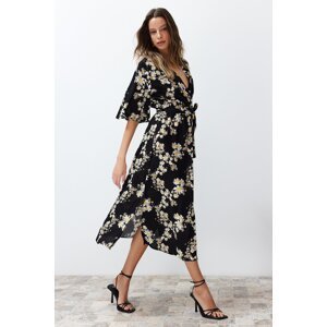 Trendyol Black Belted Floral Pattern A-Line Double Breasted Neck Midi Woven Midi Woven Midi Dress