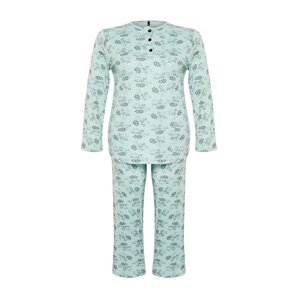 Trendyol Curve Mint Buttoned Floral Pattern Knitted Pajamas Set