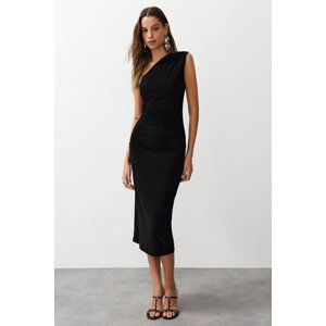 Trendyol Black One-Shoulder Draped Fitted Flexible Knitted Midi Dress