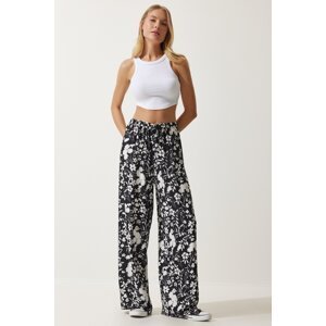Happiness İstanbul Women's Black Patterned Flowy Viscose Palazzo Trousers
