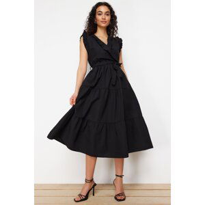 Trendyol Black Belted Floral Print A-line Double Breasted Collar Midi Woven Midi Woven Midi Dress