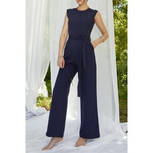 Laluvia Navy Square Neck Belted Jumpsuit