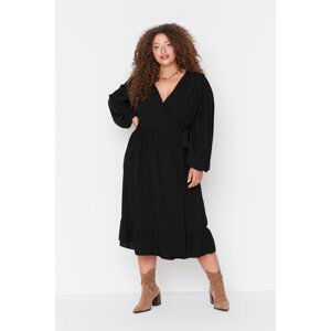 Trendyol Curve Black Plus Size Double Breasted Neck A-Line Midi Woven Dress