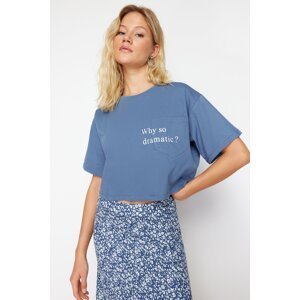 Trendyol Indigo 100% Cotton Motto Printed Pocket Relaxed Crop Knitted T-Shirt