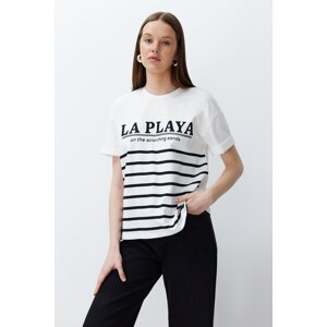 Trendyol Ecru 100% Cotton Slogan and Stripe Printed Oversize/Comfort Fit Knitted T-Shirt