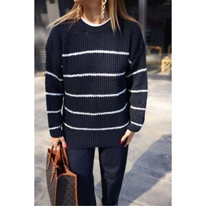 Laluvia Navy Blue Pinstripe Crew Neck Knitwear Sweater