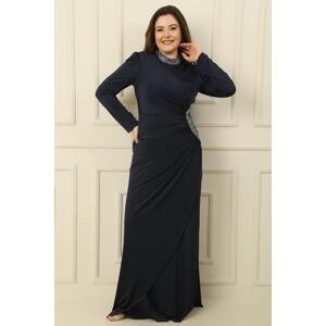 By Saygı Jewelled Collar and Side Lined Gathered Crystal Long Plus Size Hijab Dress
