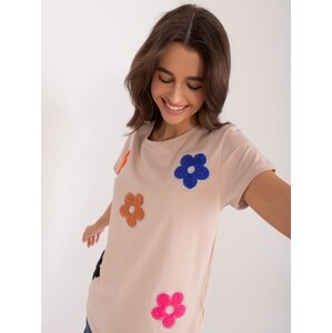 Tmavě béžové tričko s květinovou aplikací BASIC FEEL GOOD