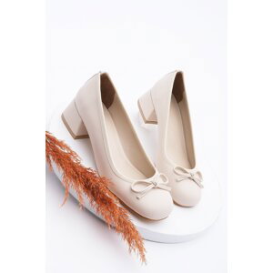 Marjin Women's Chunky Heel Bow Detail Flat Toe Classic Heeled Shoes Medve ECRU