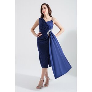 Lafaba Women's Navy Blue One Shoulder Jewelled Midi Evening Dress