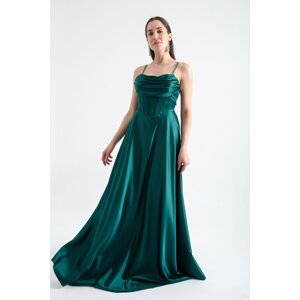 Lafaba Women's Emerald Green Thin Strap Back Rope Tie Detailed Evening Dress