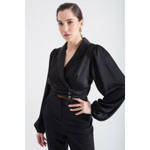 Lafaba Women's Black Double Breasted Collar Satin Crop Blouse