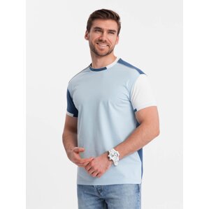 Ombre Men's elastane t-shirt with colored sleeves - blue