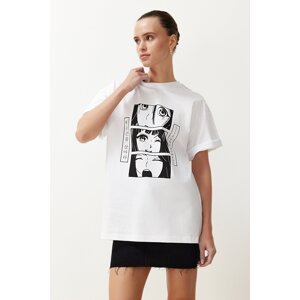 Trendyol White Printed Oversize/Wide Fit 100% Cotton Knitted T-Shirt