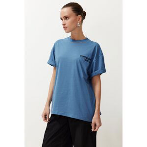 Trendyol Indigo 100% Cotton Motto Printed Oversize/Wide Fit Short Sleeve Knitted T-Shirt