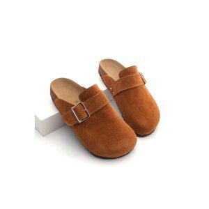 Marjin Women's Genuine Leather Eva Sole Closed Front Buckle Daily Slippers Sumpa Tan Suede