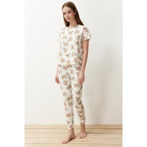 Trendyol Ecru Cotton Animal Pattern Knitted Pajamas Set