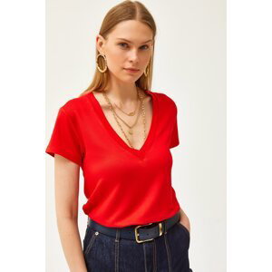 Olalook Women's Red Deep V-Neck Modal Button T-Shirt