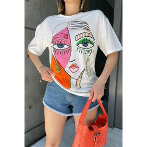 Laluvia Ecru Single Jersey Fabric Girl Embroidered Oversize Women's T-Shirt