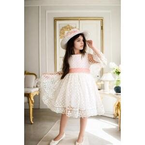N8712 Dewberry Princess Model Girls Dress with Hat & Lace-WHITE