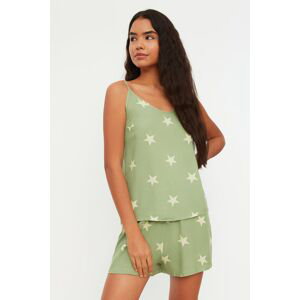 Trendyol zelená viskózová tkaná pyžamová souprava s hvězdným vzorem a šňůrkovými ramínky