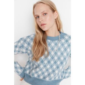 Trendyol Blue Crop Měkký texturovaný vzorovaný pletený svetr