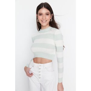 Trendyol Mint Crop bavlněný pruhovaný pletený svetr