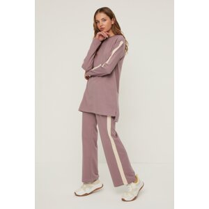 Trendyol Plum Stripe Detailed Knitted Tracksuit Set with Side Slits