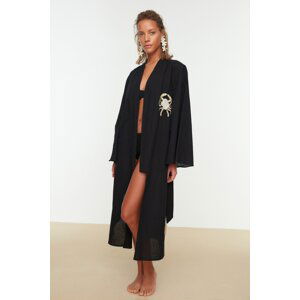 Trendyol černý midi kimono a kaftan s páskem, 100% bavlna, s tkanou výšivkou