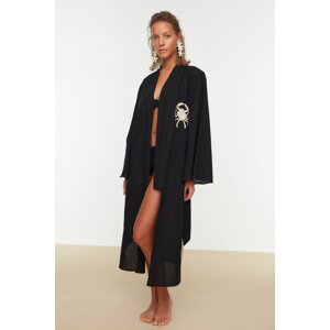 Trendyol černý midi kimono a kaftan s páskem, 100% bavlna, s tkanou výšivkou