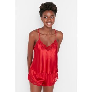Trendyol Red Lace Detailed Rope Strap Satin Woven Pajama Set