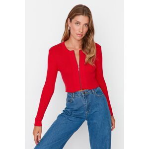 Trendyol Red Crop Zipper 100% bavlna Základní pletený svetr