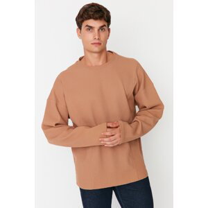 Trendyol Camel Oversize/Wide-Fit Crew Neck Stitch Detail Textured T-Shirt