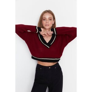 Trendyol Burgundy Crop V-Neck pletený svetr