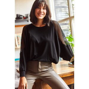 Olalook dámské černé lycrové pletené tričko s volnými rukávy a síťovinou