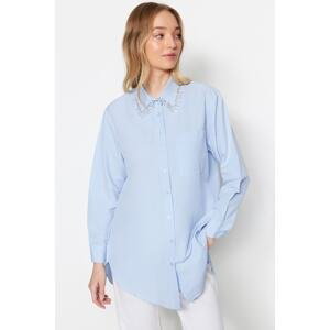 Trendyol modrá límečková tkaná bavlněná košile s detaily doplňků