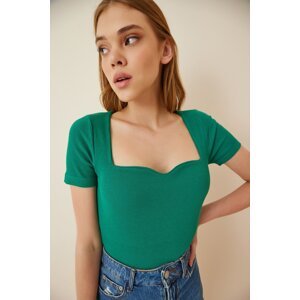 Happiness İstanbul Women's Green Heart Collar Corduroy Knitted Blouse