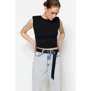 Trendyol Black Waistband Fitted/Sleeved Crew Neck Crop Stretch Knitted Blouse